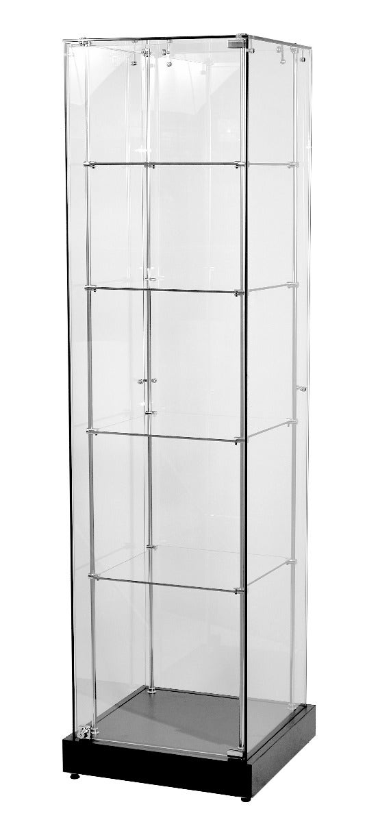 Frameless Glass Display Case Tower | Single Wide | Four Shelf - Eddie's Hang-Up Display Ltd.