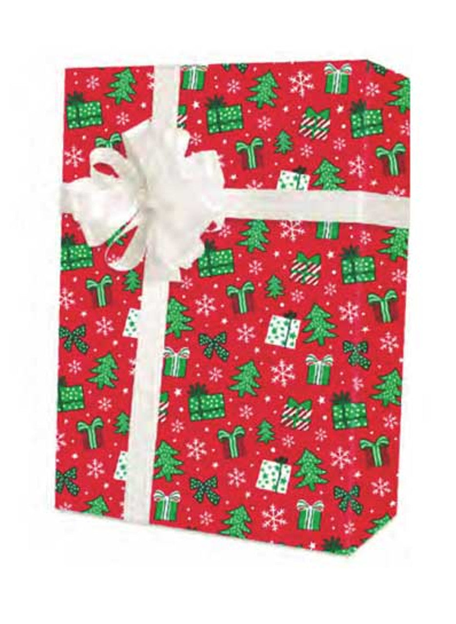 Small Gifts On Red Gift Wrap | 24" x 100' - Eddie's Hang-Up Display Ltd.